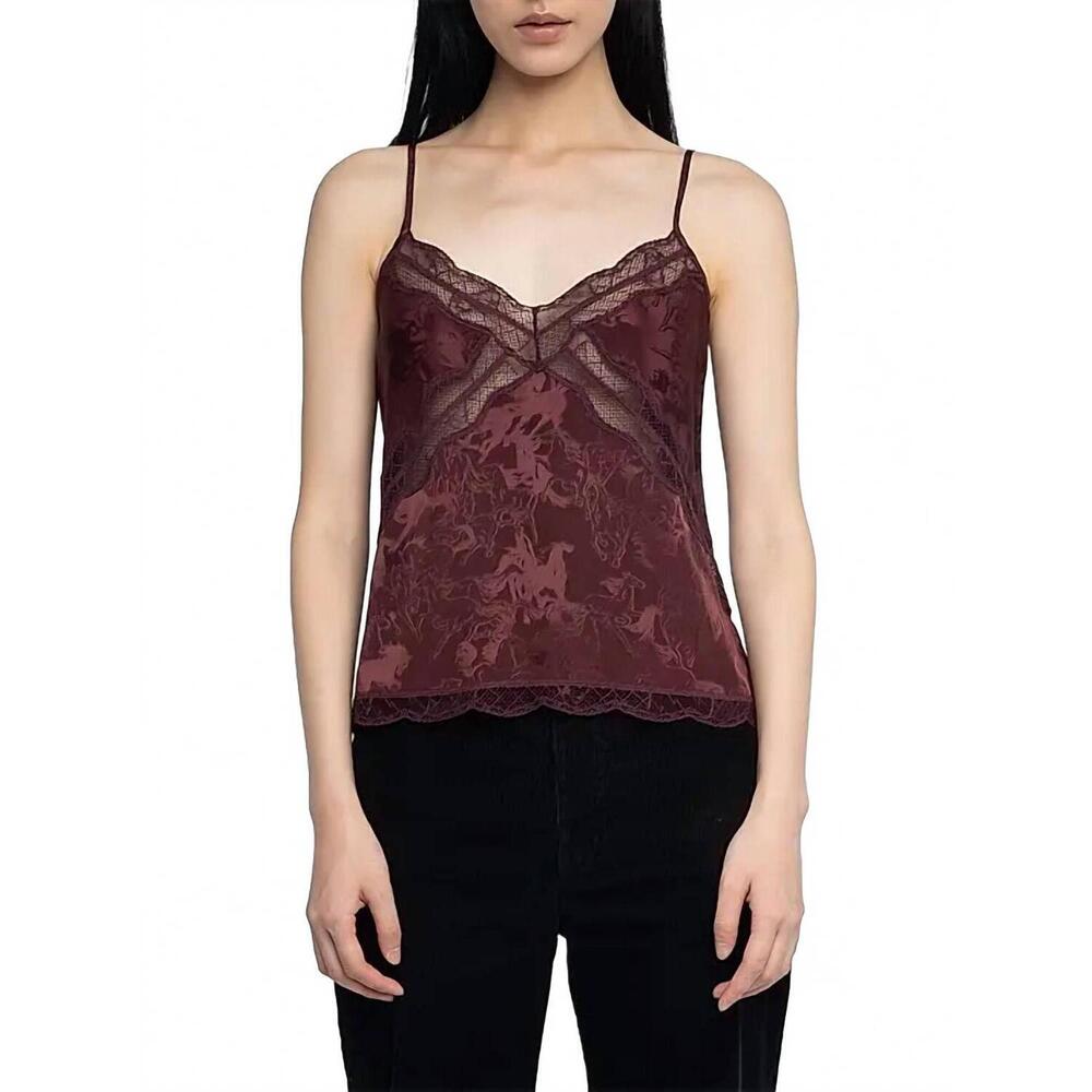 Zadig & Voltaire Burgundy Lace-Trim Silk Camisole